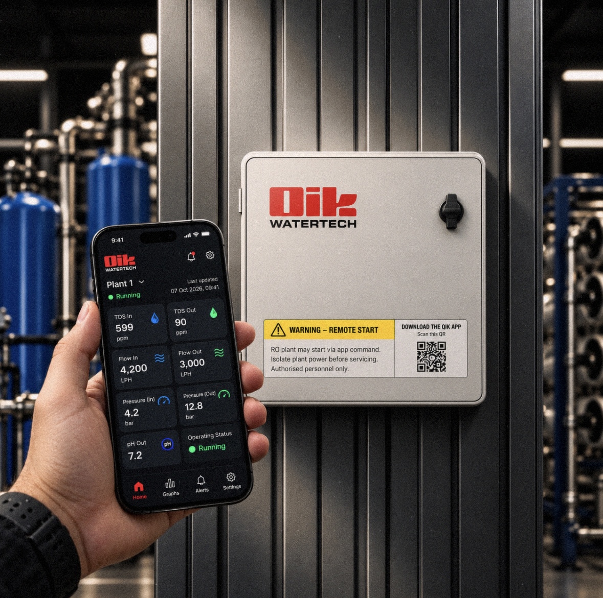 Qik Insights RO IoT device with the Qik mobile app showing plant readings
