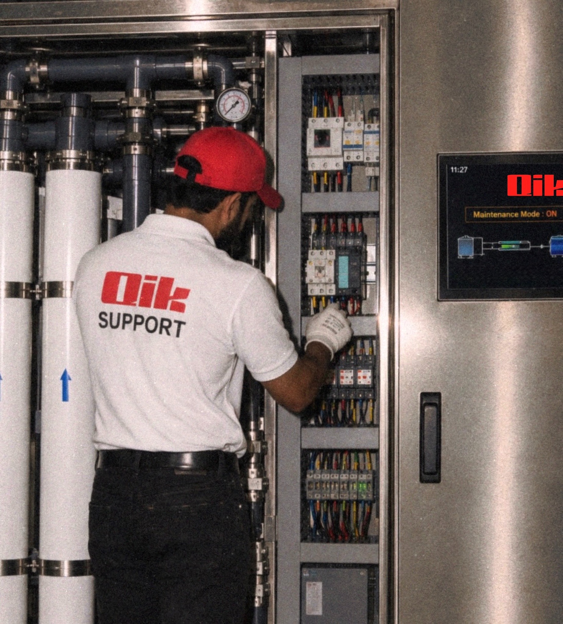 Illustration of a technician working on an industrial RO system